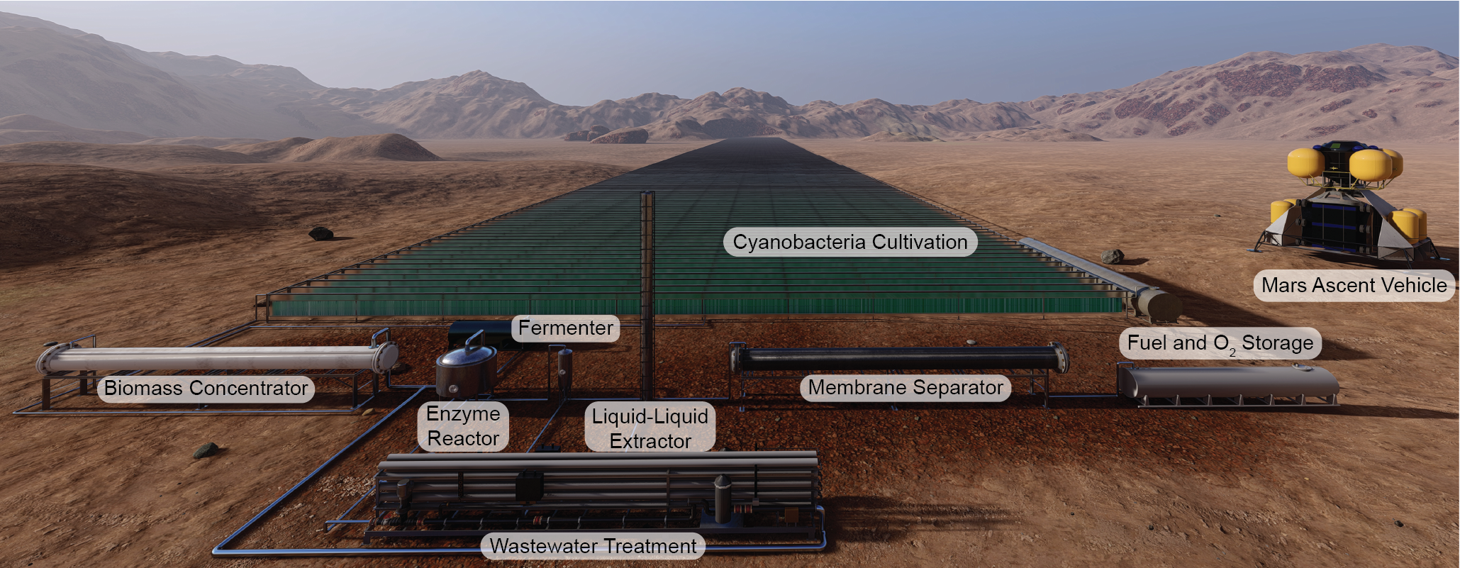 Photobioreactors the size of four football fields, covered with cyanobacteria, could produce rocket fuel on Mars. Courtesy: BOKO mobile study Photobioreactors the size of four football fields, covered with cyanobacteria, could produce rocket fuel on Mars. Courtesy: BOKO mobile study