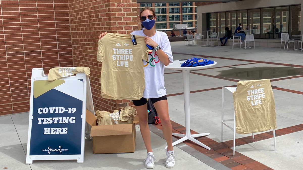 Free t-shirts and local restaurant discounts are popping up at Tech's Covid-19 asymptomatic surveillance testing sites on campus, thanks to help from volunteers like Allison Vermaak, joint vice president of Sustainability and Infrastructure for Undergraduate SGA. Free t-shirts and local restaurant discounts are popping up at Tech's Covid-19 asymptomatic surveillance testing sites on campus, thanks to help from volunteers like Allison Vermaak, joint vice president of Sustainability and Infrastructure for Undergraduate SGA.