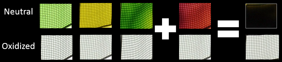 Photography of solutions of the colorless neutral states and vibrantly colored radical cation states of the four ACE molecules. Two of these materials combine to create a clear-to-black switching electrochromic blend. (Image: Reynolds Group, Georgia Tech) Photography of solutions of the colorless neutral states and vibrantly colored radical cation states of the four ACE molecules. Two of these materials combine to create a clear-to-black switching electrochromic blend. (Image: Reynolds Group, Georgia Tech)