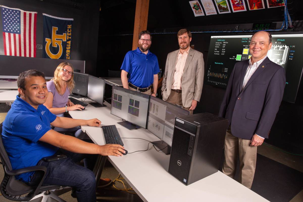 Mission Control for Lunar Flashlight operations at Georgia Tech. From left to right: Ulises Núñez, Kathleen Hartwell, Sterling Peet, Jud Ready, and Glenn Lightsey (Credit: Candler Hobbs) Mission Control for Lunar Flashlight operations at Georgia Tech. From left to right: Ulises Núñez, Kathleen Hartwell, Sterling Peet, Jud Ready, and Glenn Lightsey (Credit: Candler Hobbs)