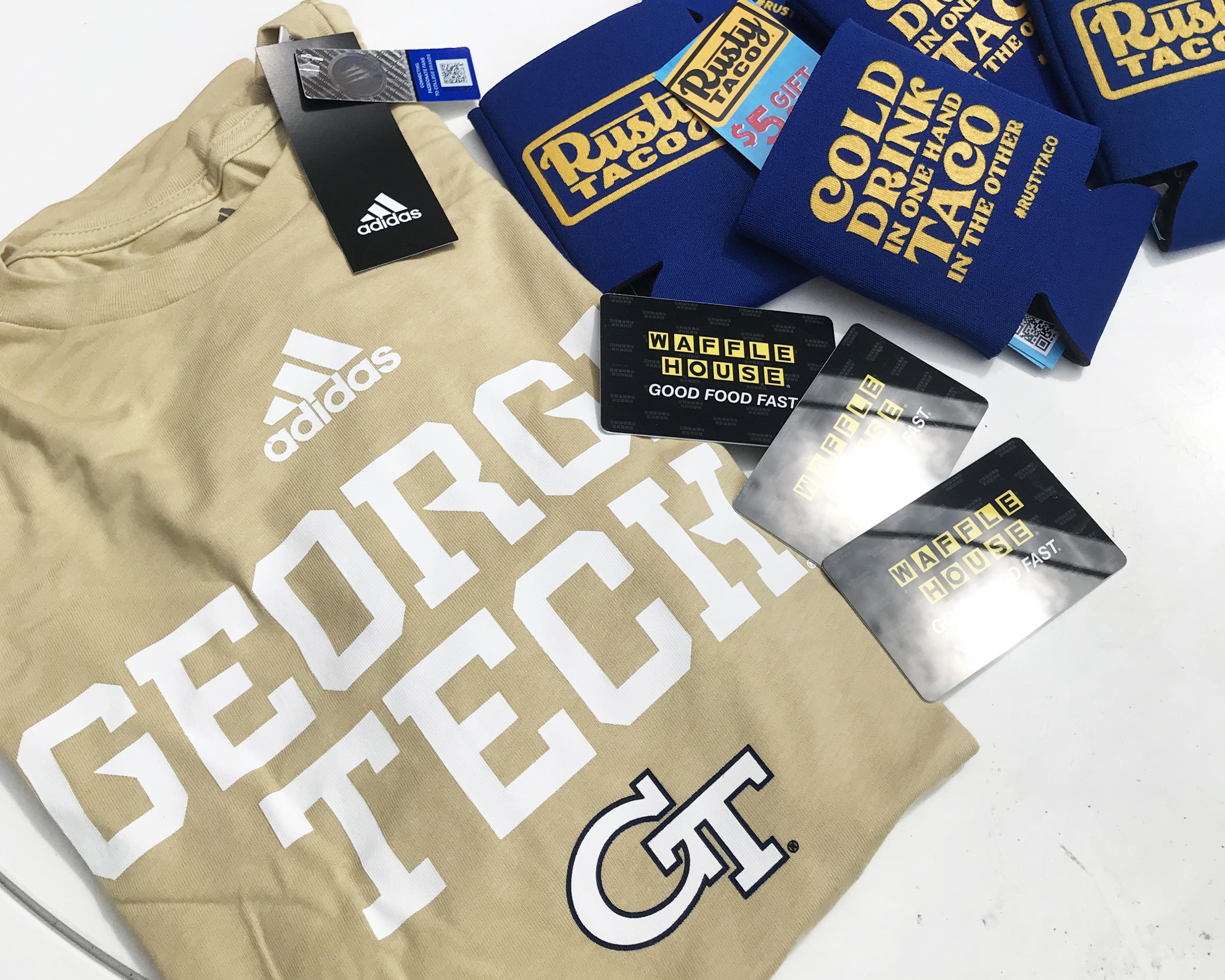 Georgia Tech Athletics t-shirts, local restaurant discounts, and gift cards are among the rewards you could receive through surprise swag drops and random drawings this month for those who get vaccinated on campus or who participate in weekly asymptomatic surveillance testing at Tech. Georgia Tech Athletics t-shirts, local restaurant discounts, and gift cards are among the rewards you could receive through surprise swag drops and random drawings this month for those who get vaccinated on campus or who participate in weekly asymptomatic surveillance testing at Tech.